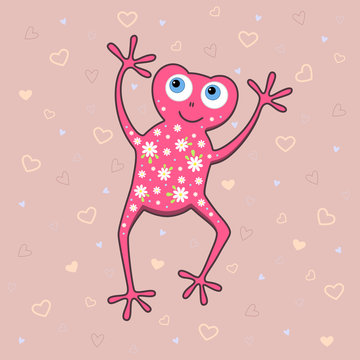 Vector illustration of frog on pink background with hearts