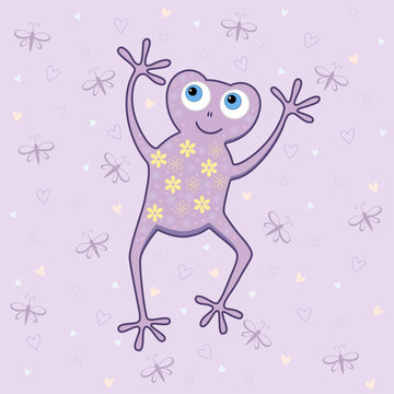 Vector illustration of frog on violet background with butterflies and hearts