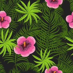 Tuinposter Tropical jungle palm leaves and hibiscus vector pattern background. Exotic nature pattern for fabric, wallpaper or apparel. © YoPixArt