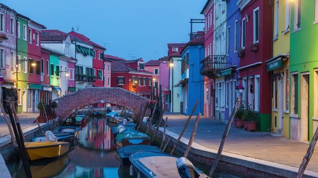 Day to night timelapse on canal in Venice on Burano Island, Italy
