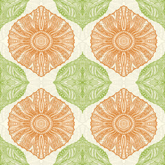 Seamless pattern in  Zen-doodle style green orange