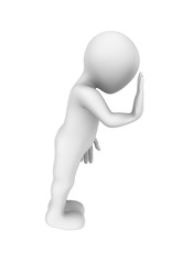 Sad 3d man rests a hand against a wall.