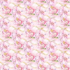 Pink spring seamless pattern with watercolor flower like roseshi