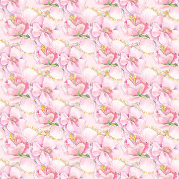 Pink spring seamless pattern with watercolor flower like roseshi