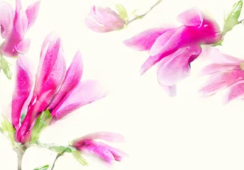 Foto op Canvas Watercolor magnolia frame. Background with watercolor pink tender magnolia flowers © liyavihola