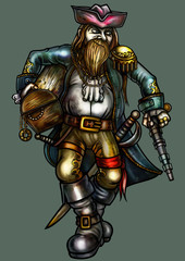 Obraz premium Lucky pirate with gold treasure. Illustration fortunate pirate. He holds a chest with treasure, and carries weapons