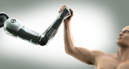 man fights robot hands on the arm wrestling 3D illustration render