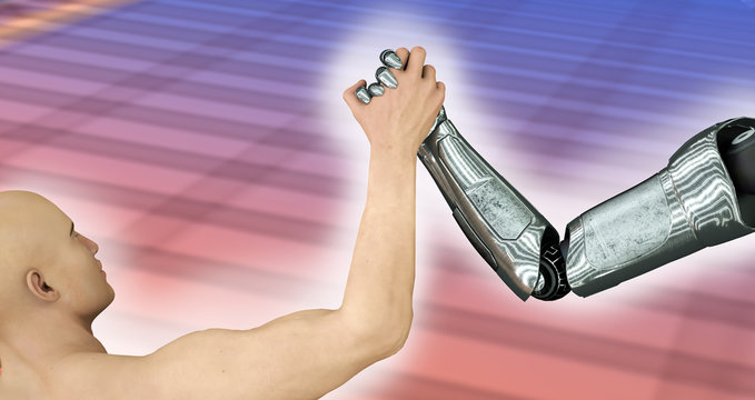 man fights robot hands on the arm wrestling 3D illustration render