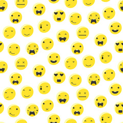 Yellow round smile emoji seamless pattern. Emoticon icon flat style vector background. Expression comic emoji. Smiley face icons.