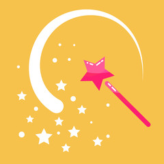 Magic wand stars flat icon cartoon illustration. Princess pink  magic stick with sway wave track. Fairy props object.