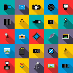 Photo studio equipment icons set, flat style