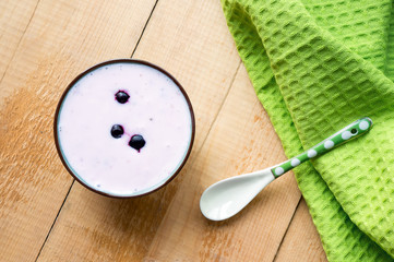 Healthy breakfast. Yogurt with fresh berries. Top view