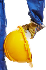 Hand von Arbeiter mit Helm