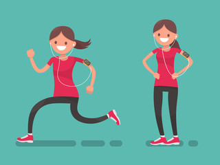 Sportswoman running and after running