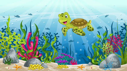 Naklejka na ściany i meble Illustration of underwater landscape with turtle 