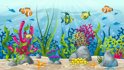 Naklejka na ściany i meble Illustration of underwater landscape with plant and fish