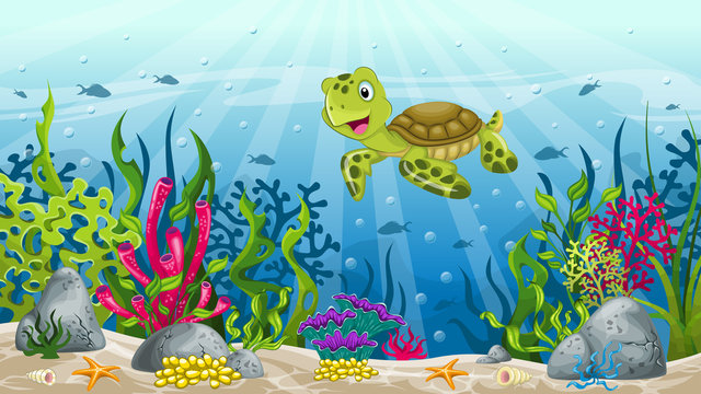 Illustration of underwater landscape with turtle 