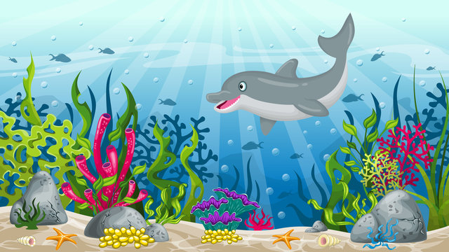 Illustration of underwater landscape with dolphin 