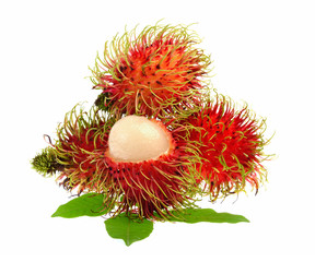 Rambutan with leaves isolated on white background