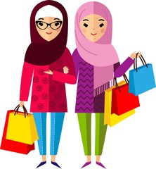 Shopping concept with arab people in colorful style.