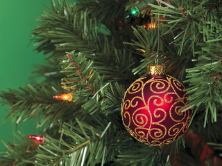 christmas baubles on tree.