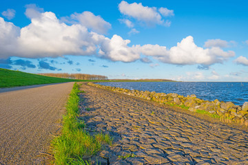 Dike along a lake in spring