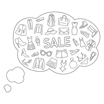 Thoughts about the sale. Thought bubbles about shopping, sale, clothes, shoes, accessories. Line icons on a white background