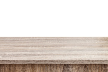 Empty wooden table with white background  for product display