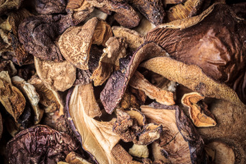 Dry mushrooms as food background