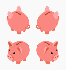 Isometric piggy bank. Set of the piggy moneyboxes. The objects are isolated against the white background and shown from different sides