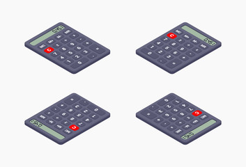 Set of the black isometric calculators. The objects are isolated against the white background and shown from different sides