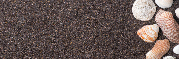Frame made of seashells on dark sand