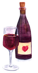 Watercolor glass of wine in front of corked bottle