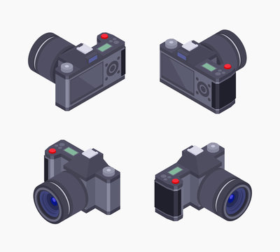 Set of the isometric digital photo cameras. The objects are isolated against the white background and shown from different sides