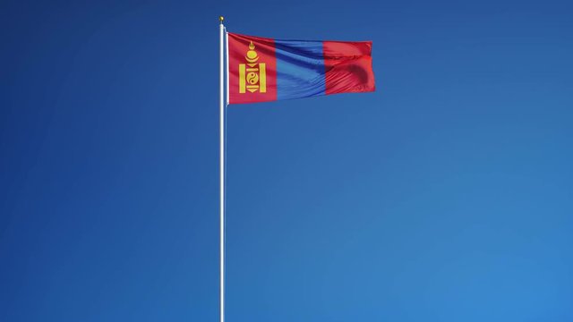 Mongolia flag waving in slow motion against clean blue sky, seamlessly looped, long shot, isolated on alpha channel with black and white luminance matte, perfect for film, news, digital composition