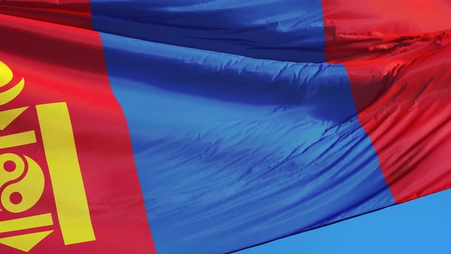 Mongolia flag waving in slow motion against clean blue sky, seamlessly looped, close up, isolated on alpha channel with black and white luminance matte, perfect for film, news, digital composition