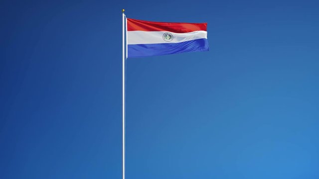 Paraguay flag waving in slow motion against clean blue sky, seamlessly looped, long shot, isolated on alpha channel with black and white luminance matte, perfect for film, news, digital composition
