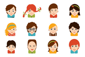 Avatar children people head. Various cartoon modern happy faces. Flat design vector illustration.