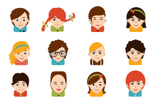 Avatar Children People Head. Various Cartoon Modern Happy Faces. Flat Design Vector Illustration.