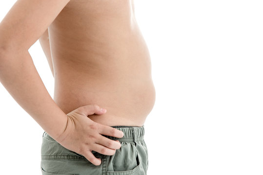 The size of stomach of children with overweight on white backgro