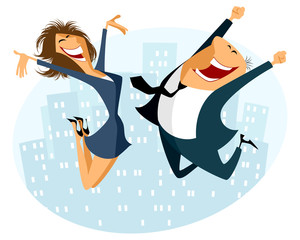 Businessman and businesswoman jumping
