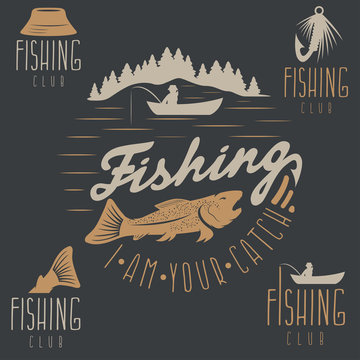 set of vintage labels with fishing theme