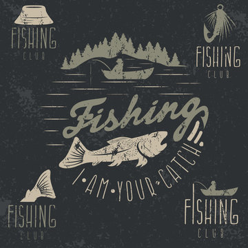 set of vintage grunge labels with fishing theme