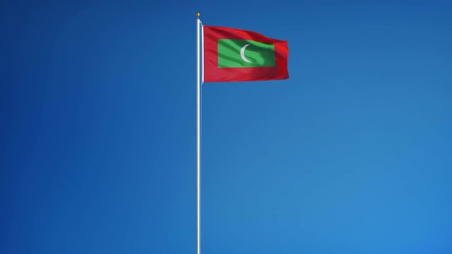Maldives flag waving in slow motion against clean blue sky, seamlessly looped, long shot, isolated on alpha channel with black and white luminance matte, perfect for film, news, digital composition
