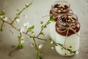 Homemade yoghurt with chocolate mousse and  chocolate candy drop