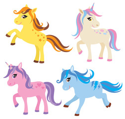 Vector illustration of colorful horse, pony and unicorn.