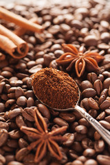 Grounded coffee in silver spoon with cinnamon and star anise