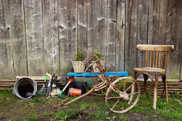 Fototapeta na wymiar gardening Tools with Old Metal Harrow