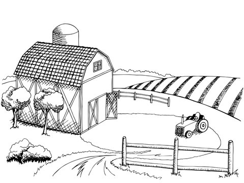 Farm field graphic art black white landscape illustration vector