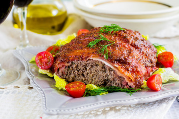 Beef meatloaf with bacon and mustard crust